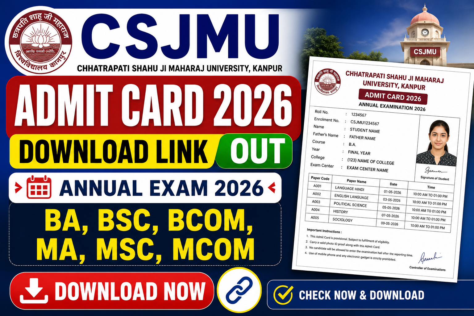 CSJMU Admit Card 2026 download link (out) Annual Exam Ba, Bsc, Bcom, Ma, Msc, Mcom