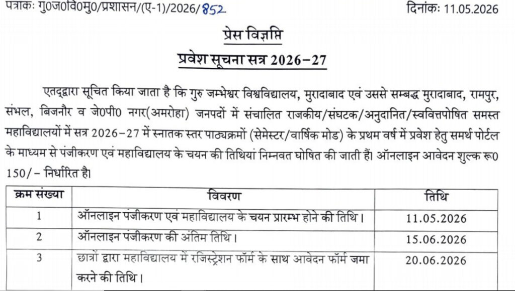 Guru Jambheshwar University Moradabad Admission Form 2026 Registration 1st Year